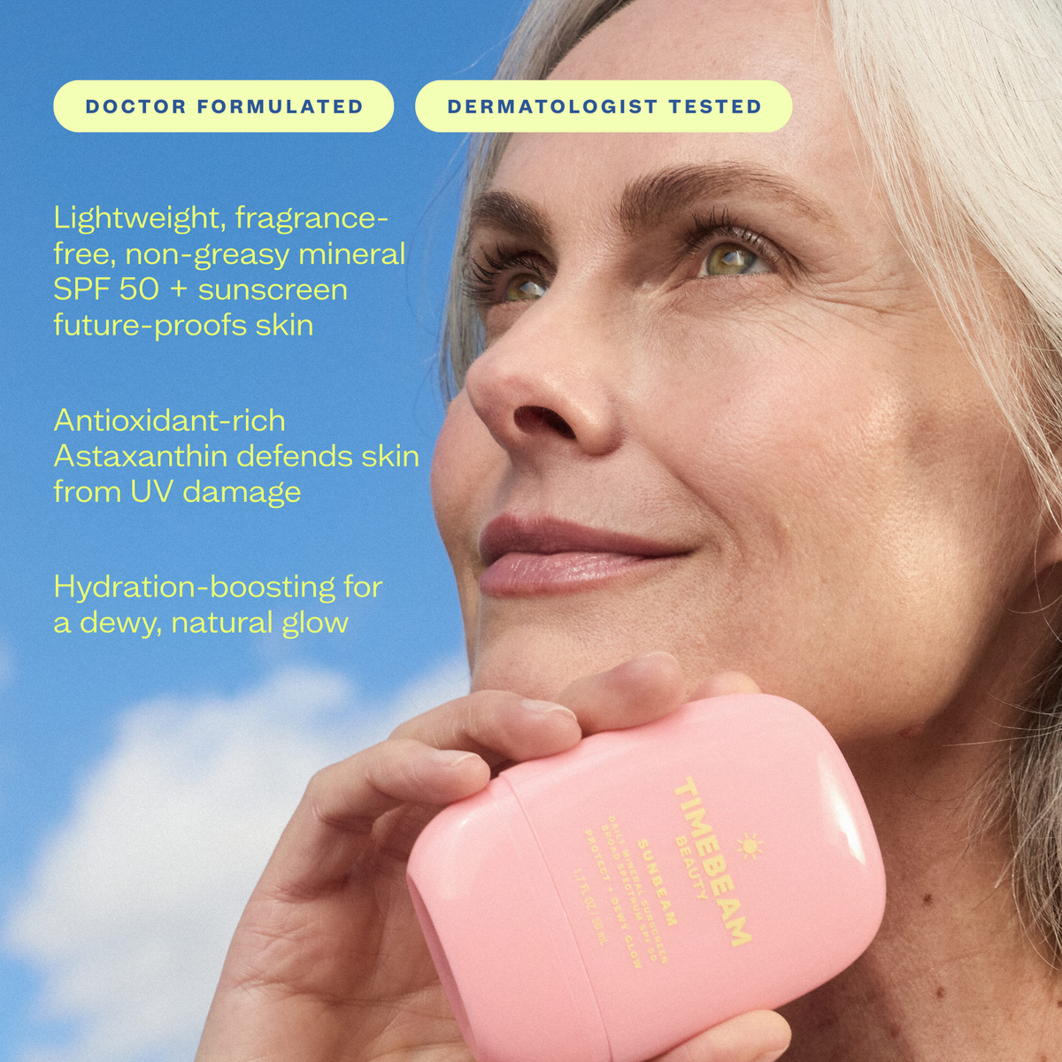 Woman holding Timebeam Beauty - Sunbeam SPF 50  near her face in front of a blue sky. Overlay text details product benefits