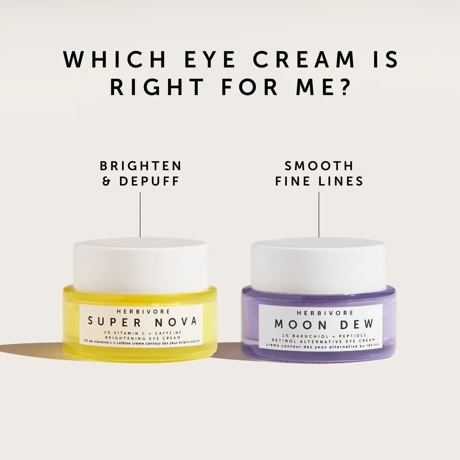 Two eye cream jars labeled 'Super Nova' and 'Moon Dew' on a light gray background.