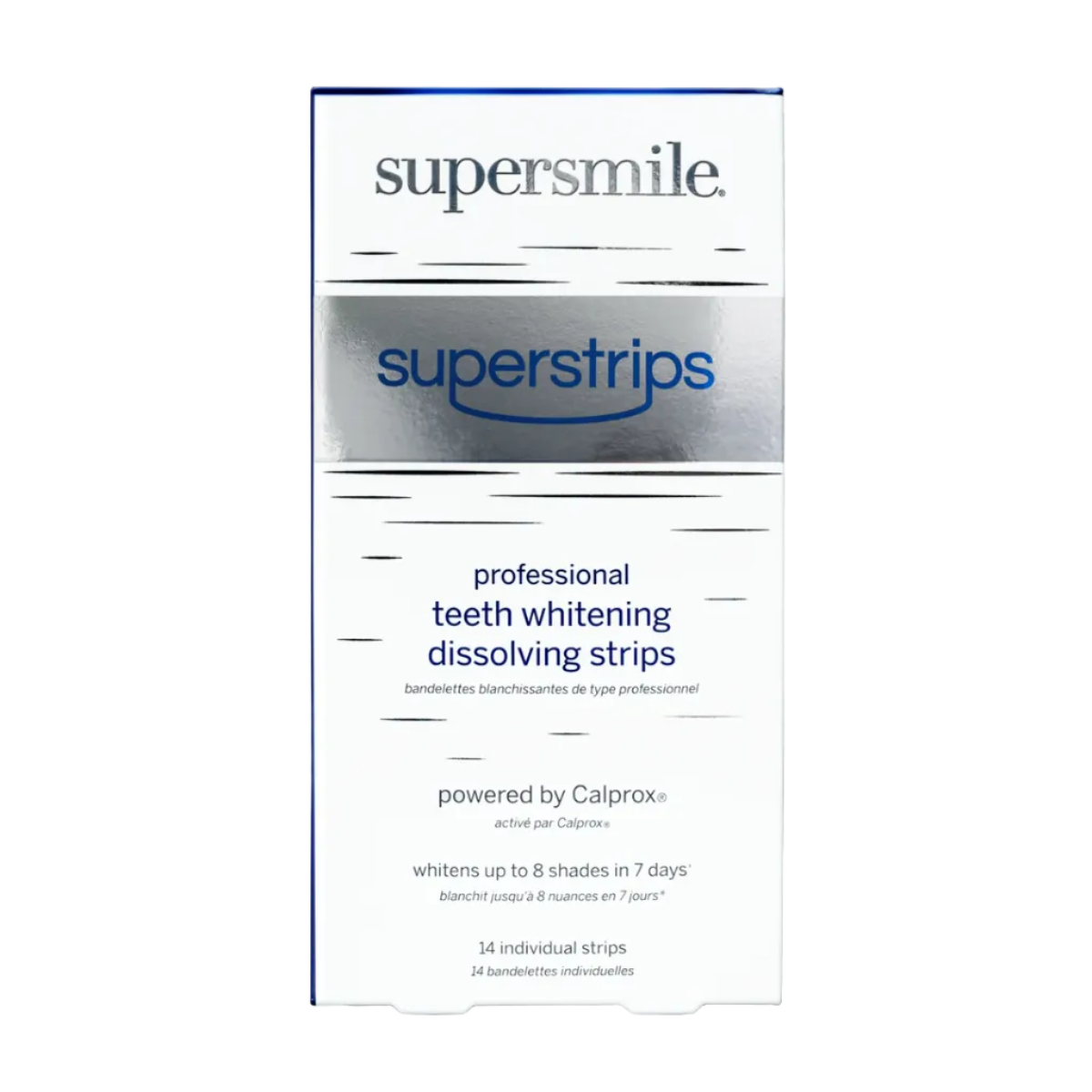 Supersmile superstrips teeth whitening strips packaging on a white background