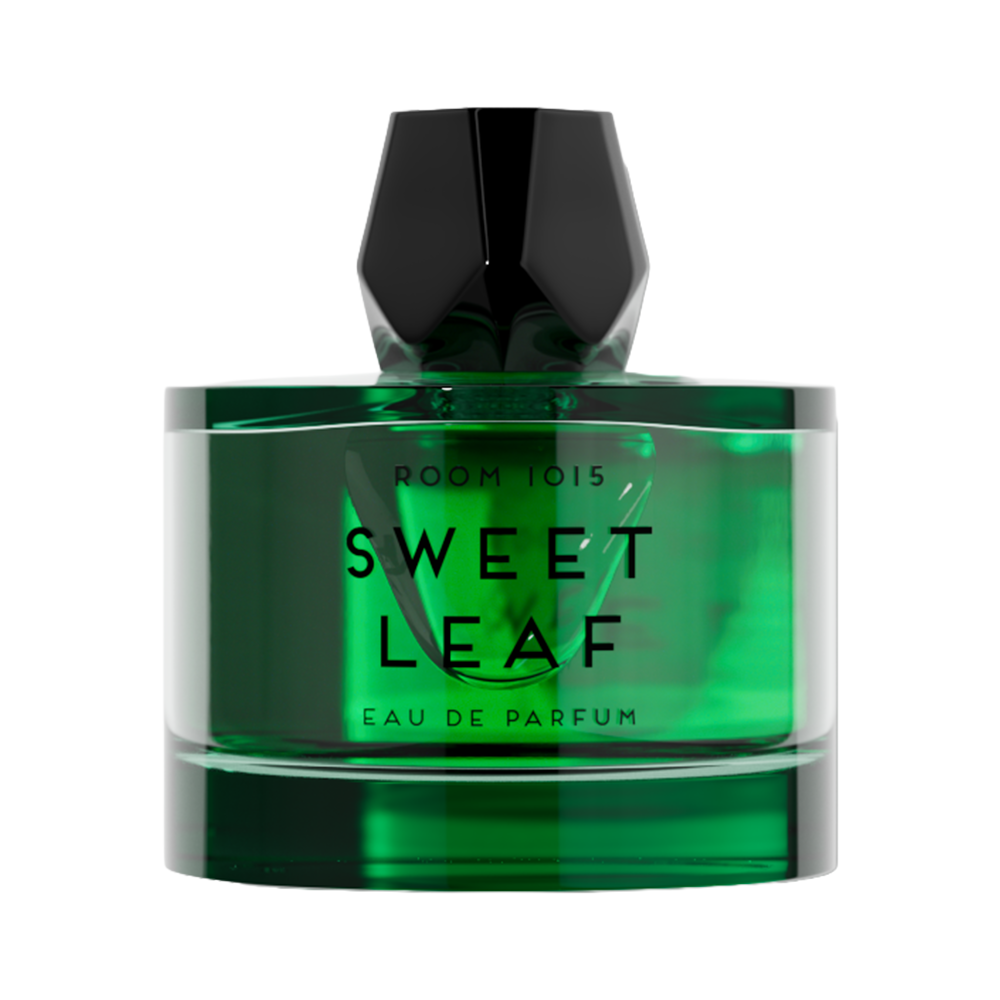 A bottle of Room 1015 Sweet Leaf Eau de Parfum with a translucent green glass body and a faceted black cap, shown against a plain white background.