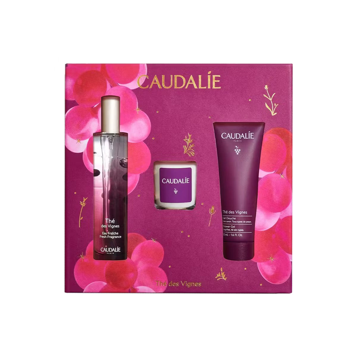 Caudalie skincare set with products on a white background.