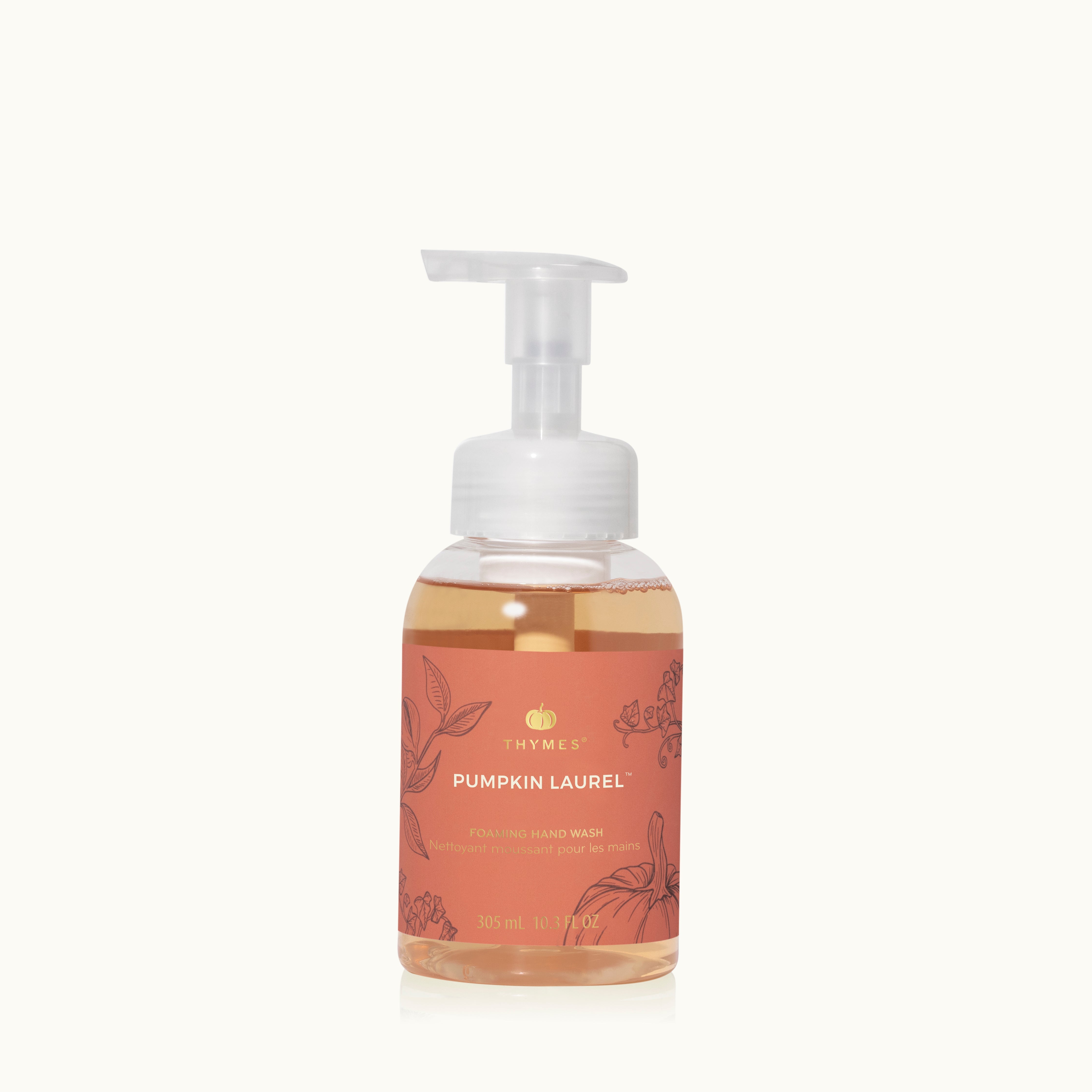 Foaming hand wash bottle labeled 'Pumpkin Laurel' on a white background