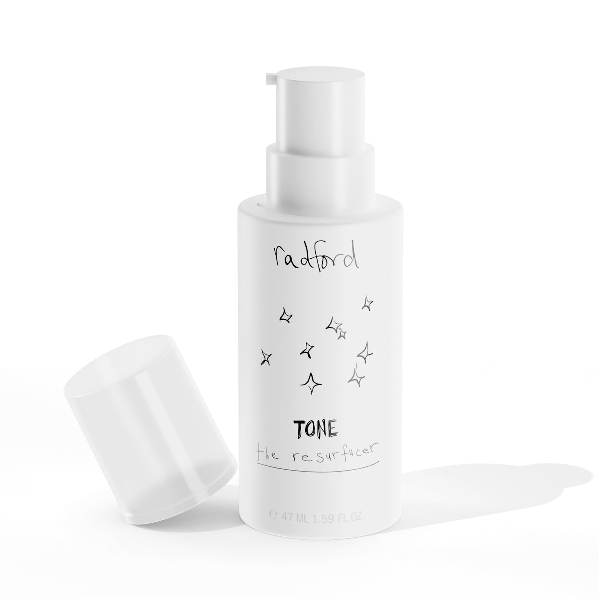 A white pump bottle of Radford Tone the Resurfacer with its cap off, lying on its side next to the bottle on a clean white background.