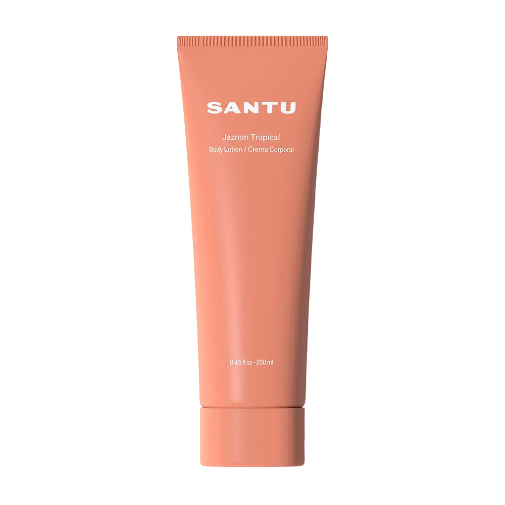 Coral-colored body lotion tube with 'SANTU' branding on a white background