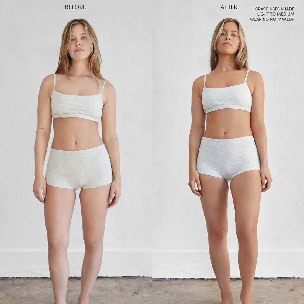 Before and after comparison of a woman wearing light-colored underwear against a white background.
