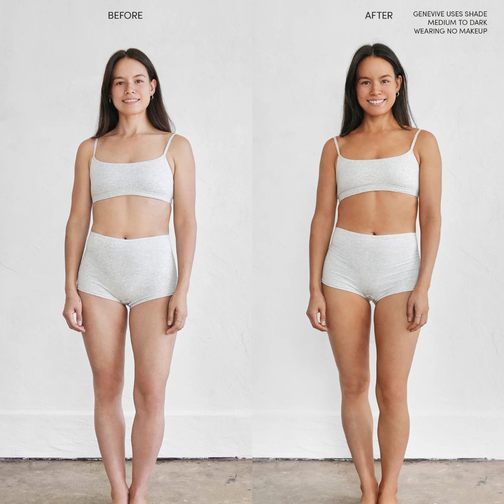 Before and after comparison of a woman wearing a light gray tank top and high-waisted underwear against a white background.