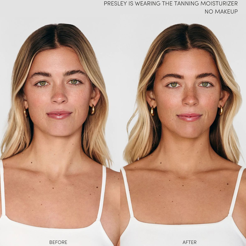 Before and after comparison of a woman wearing tanning moisturizer with text overlay.