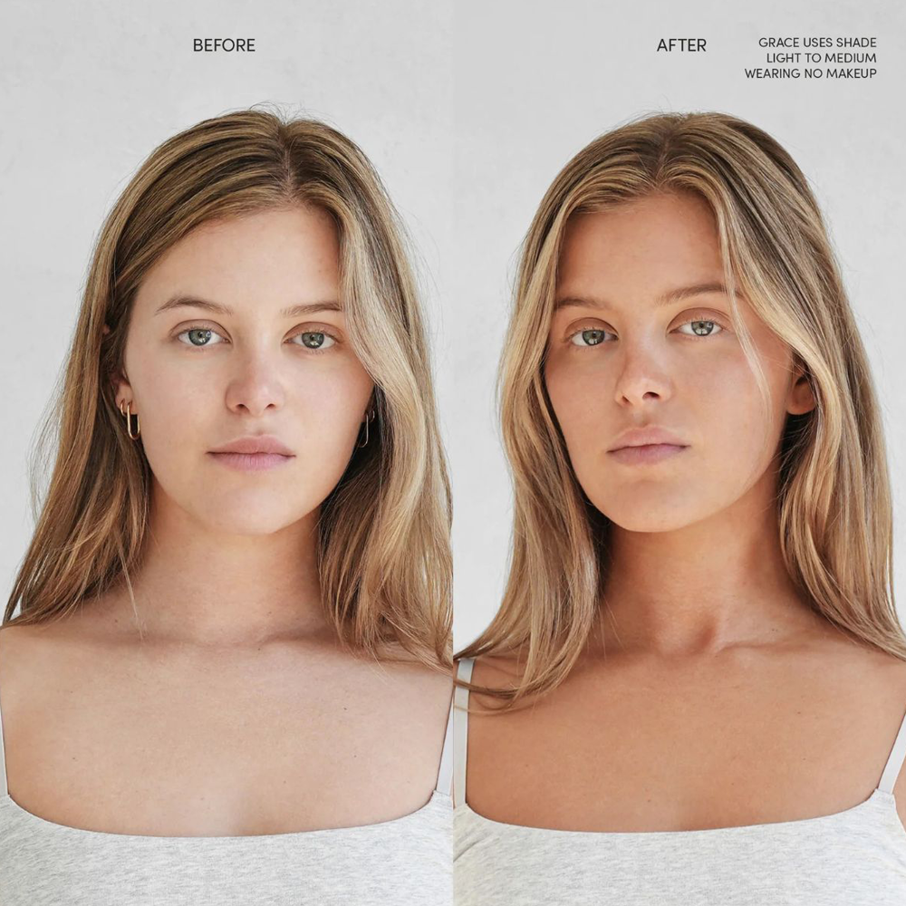 Before and after makeup comparison of a woman with blonde hair on a plain background.