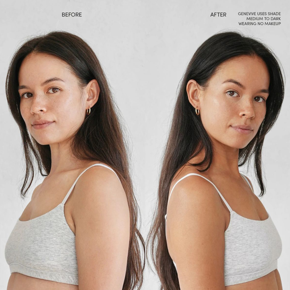 Before and after makeup comparison of a woman wearing a white bralette.