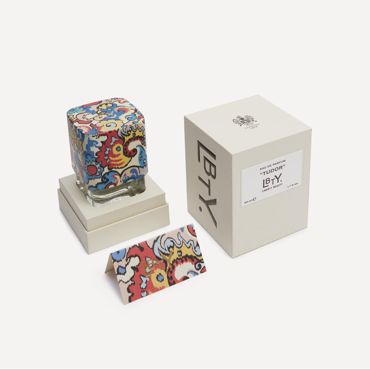 LBTY Tudor Eau de Parfum and packaging on a white background