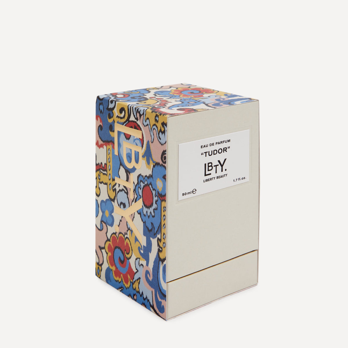 Decorative box with colorful pattern and 'LBTY' branding on a white background