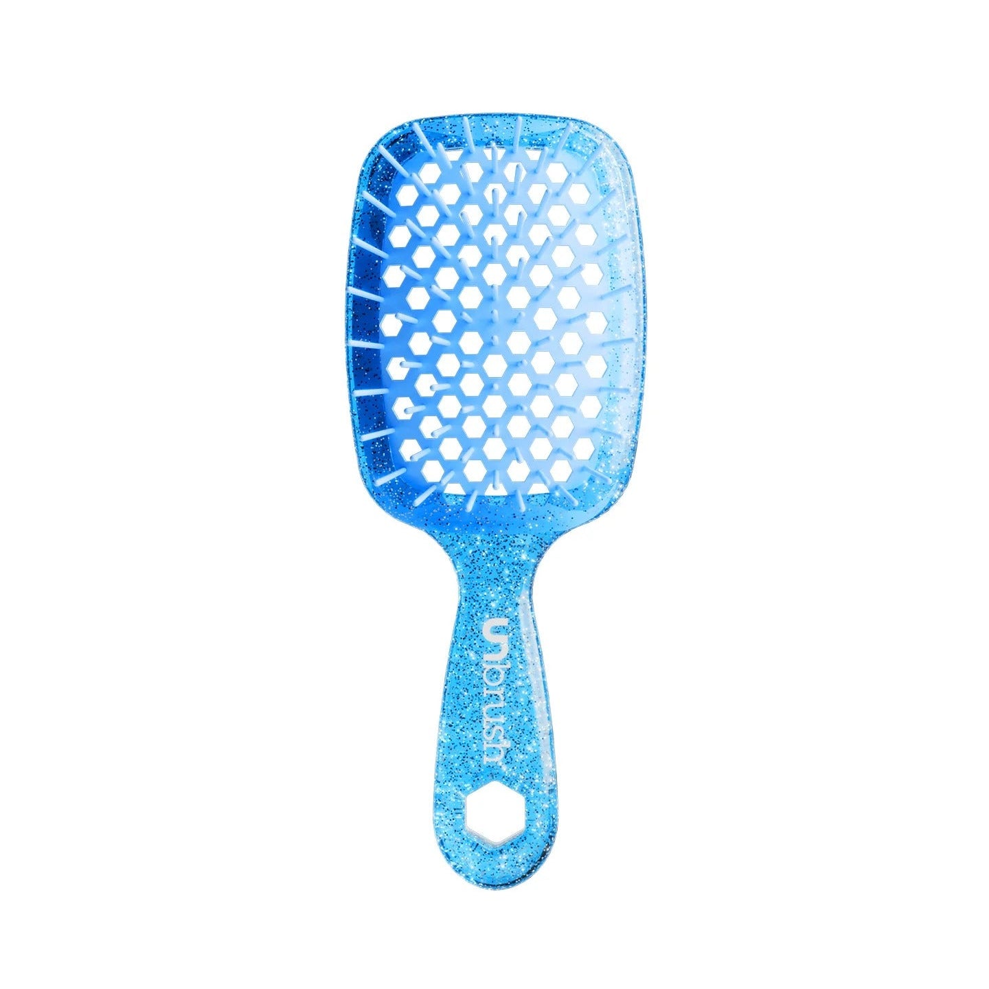 Blue paddle hairbrush on a white background