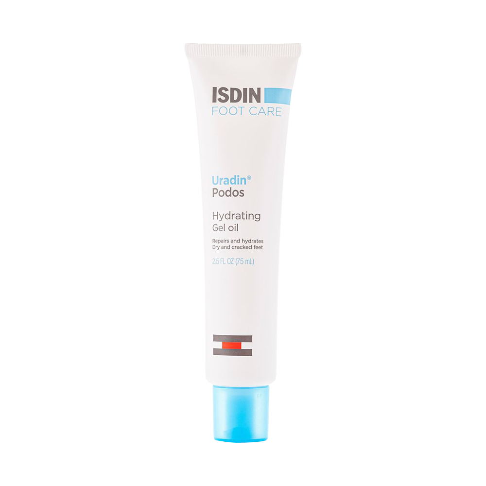 A white squeeze tube of ISDIN Foot Care Uradin Podos Hydrating Gel Oil with a light blue cap, centered on a plain white background.
