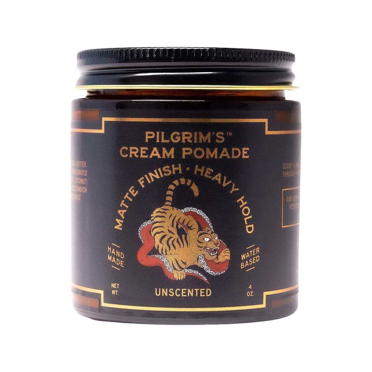 Jar of Pilgrim's Cream Pomade with tiger logo on a white background