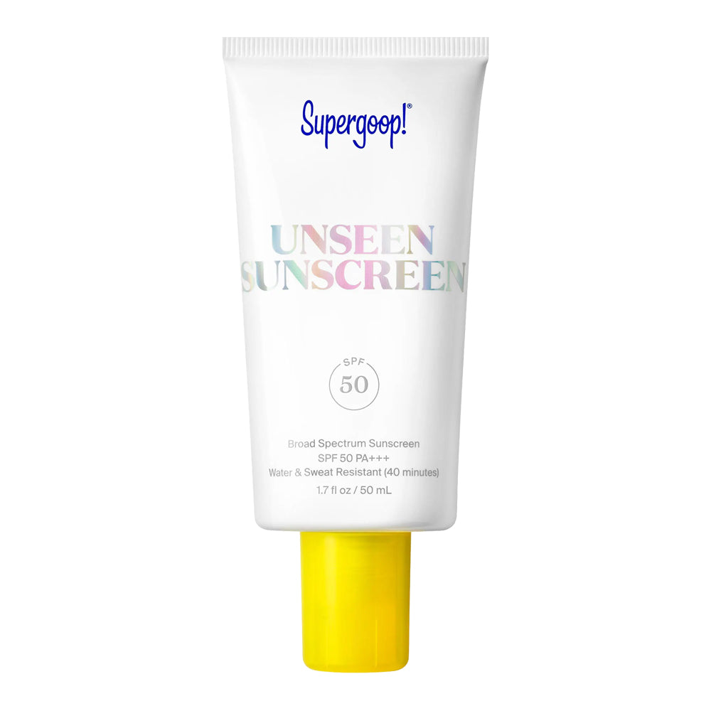 Supergoop! Unseen Sunscreen SPF 50 tube with yellow cap on a white background