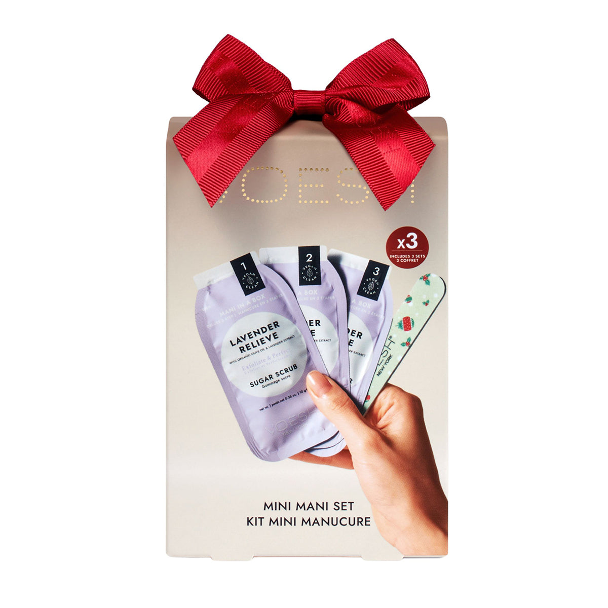 Mini mani set with lavender product and red bow on a white background