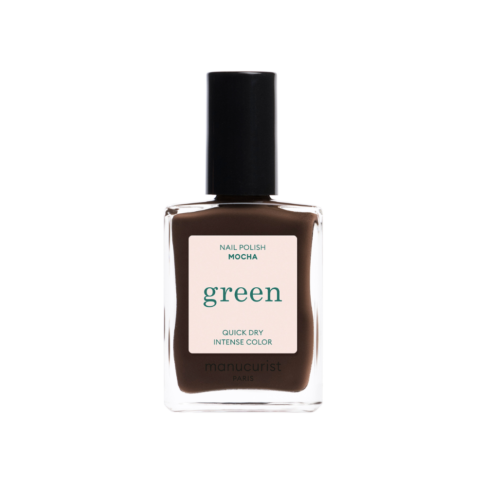 Nail polish bottle labeled ' Mocha' with a label on a white background