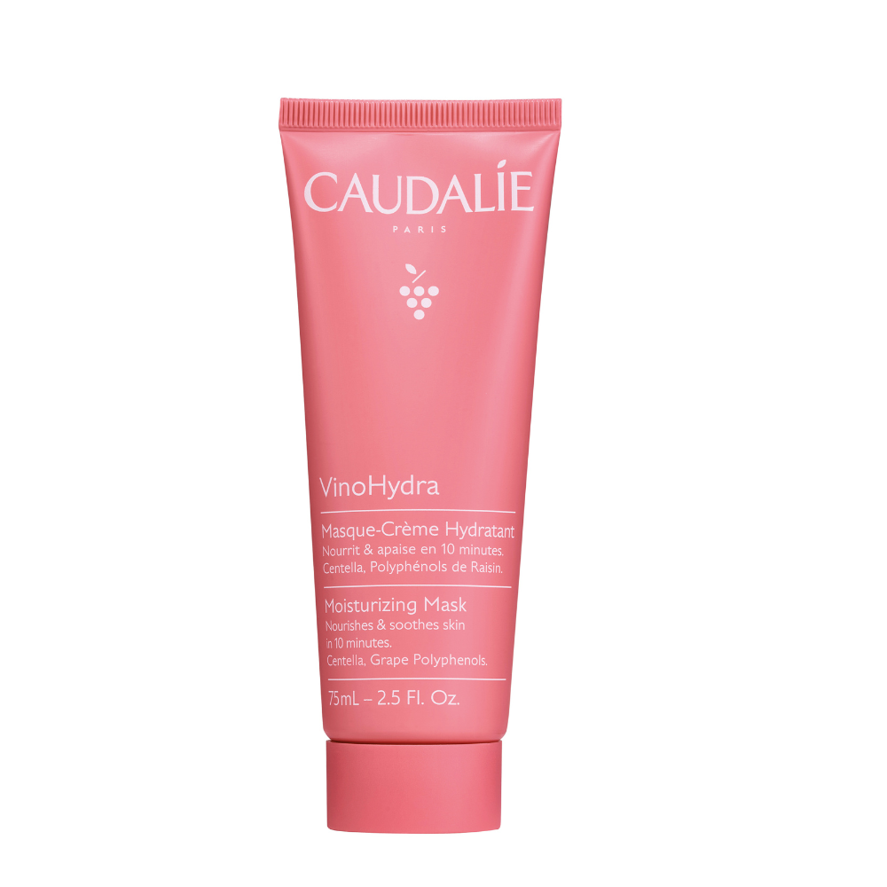 Pink Caudélé VinoHydra moisturizing mask tube on a white background
