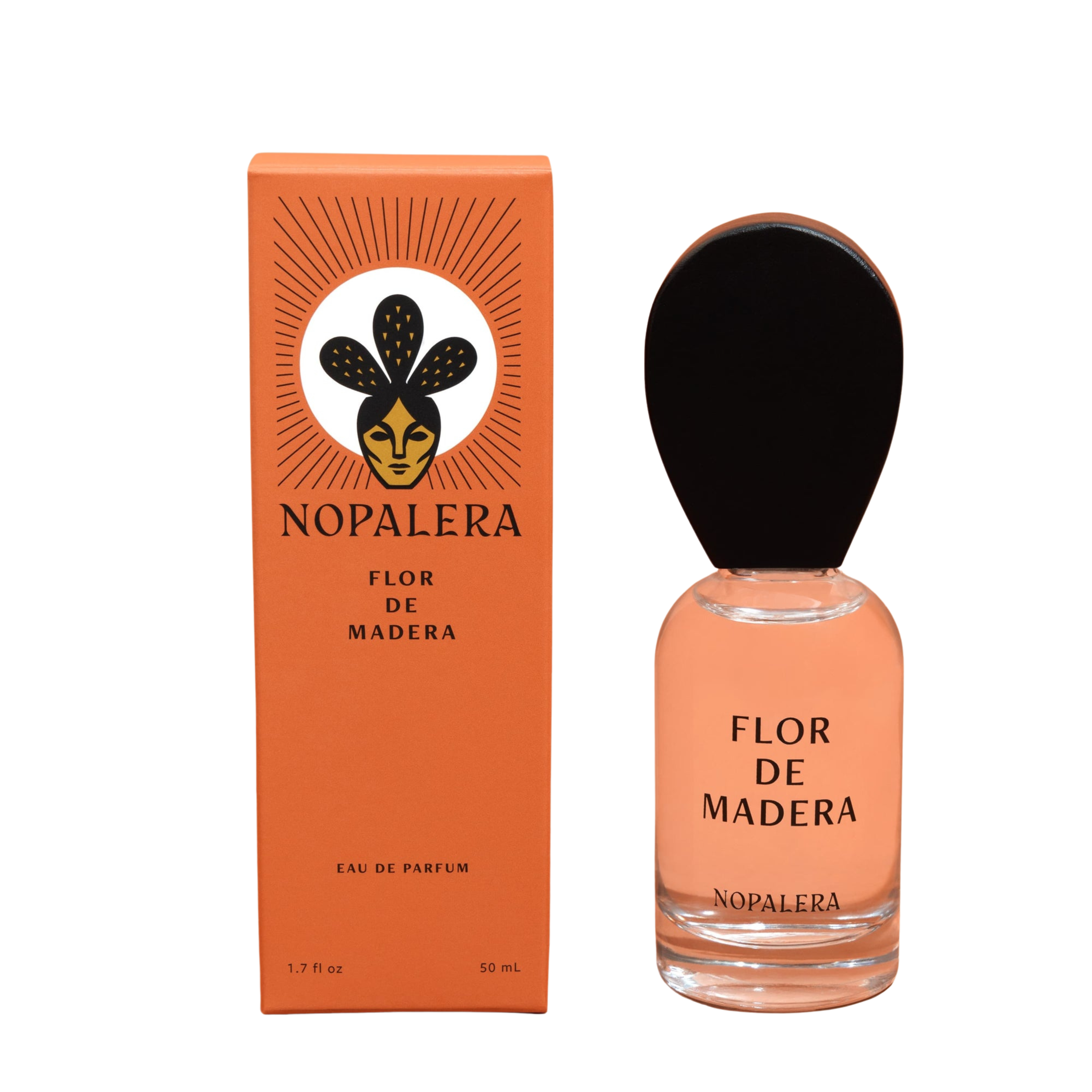 Nopalera Flor de Madera Eau de Parfum shown with its orange packaging box and the clear glass perfume bottle containing peach-colored liquid, set against a plain white background.