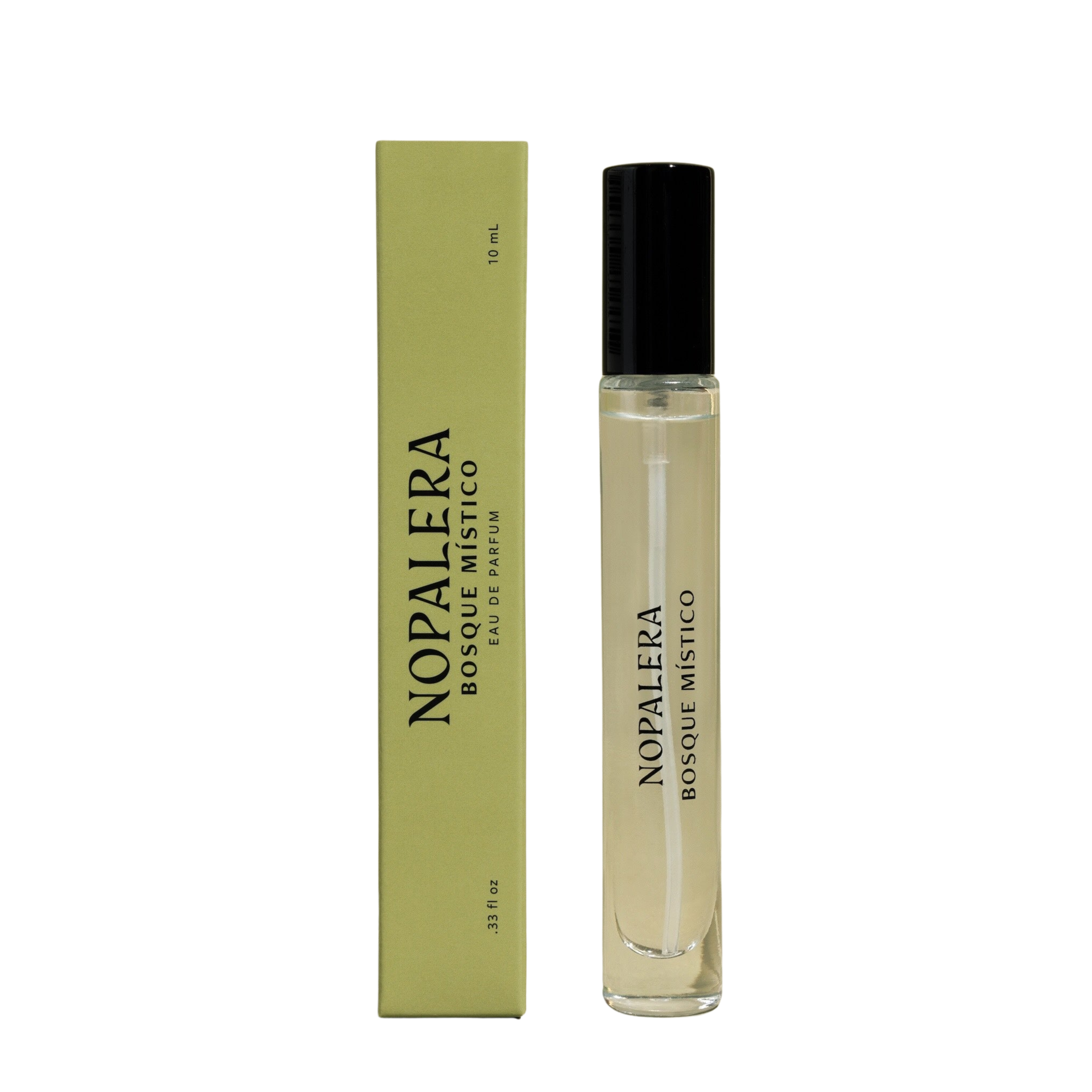 Nopalera Bosque Místico perfume spray bottle with a black cap next to its light olive-green packaging box, on a plain white background.