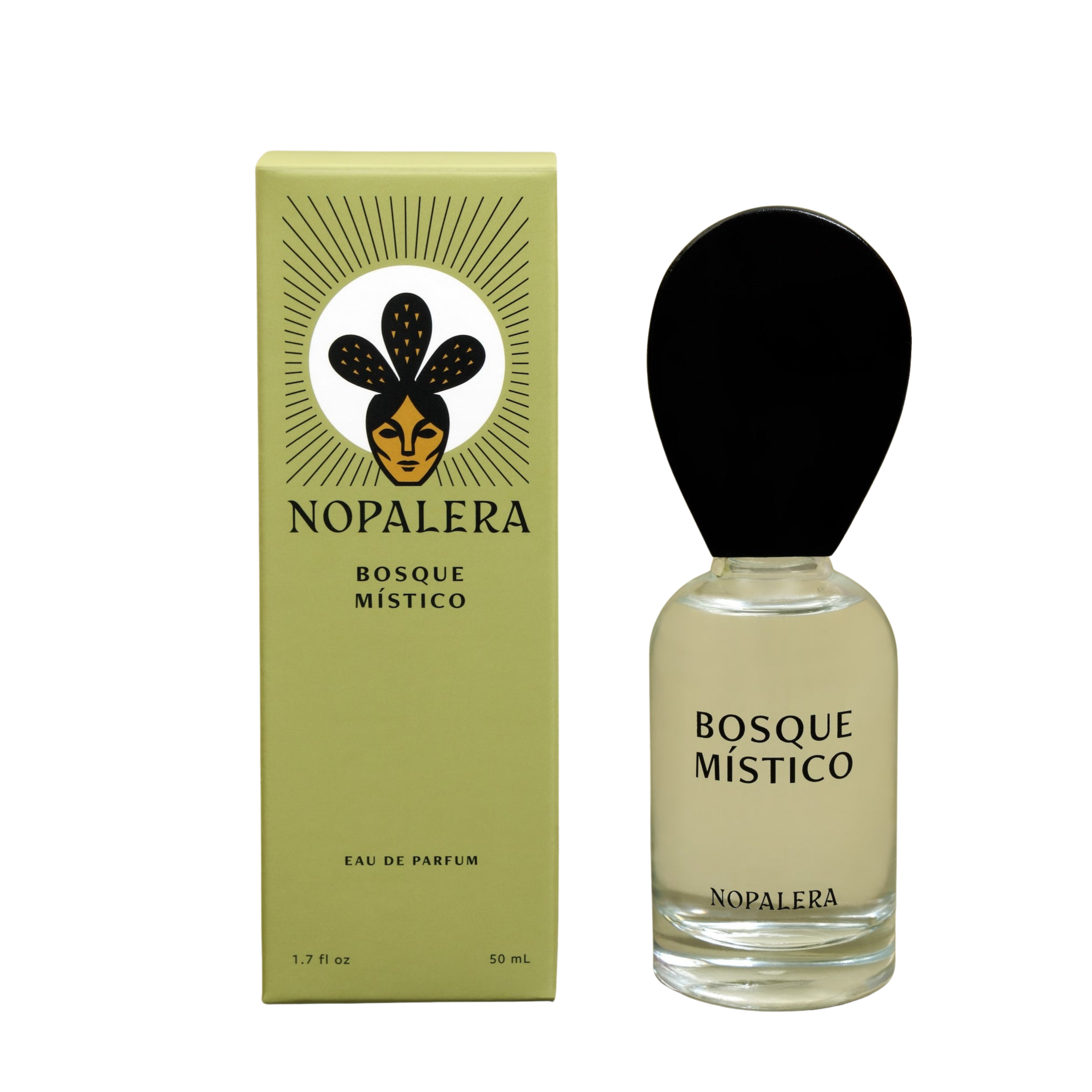 Nopalera Bosque Méstico Eau de Parfum shown with its light olive-green packaging box and clear glass spray bottle featuring a black cap, on a plain white background.