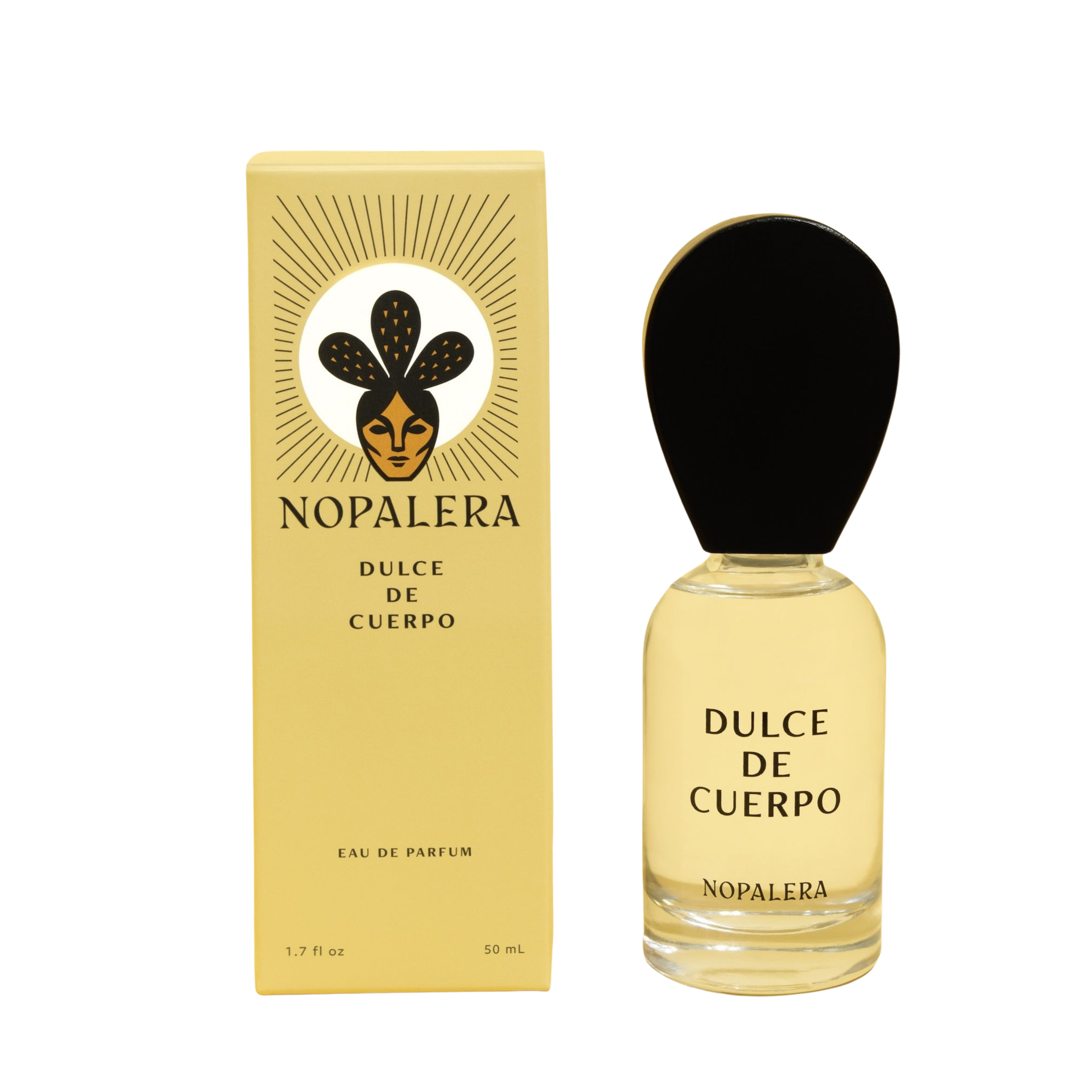 Nopalera Dulce de Cuerpo Eau de Parfum shown with its gold-colored packaging box and the clear glass perfume bottle with a black cap, on a white background.
