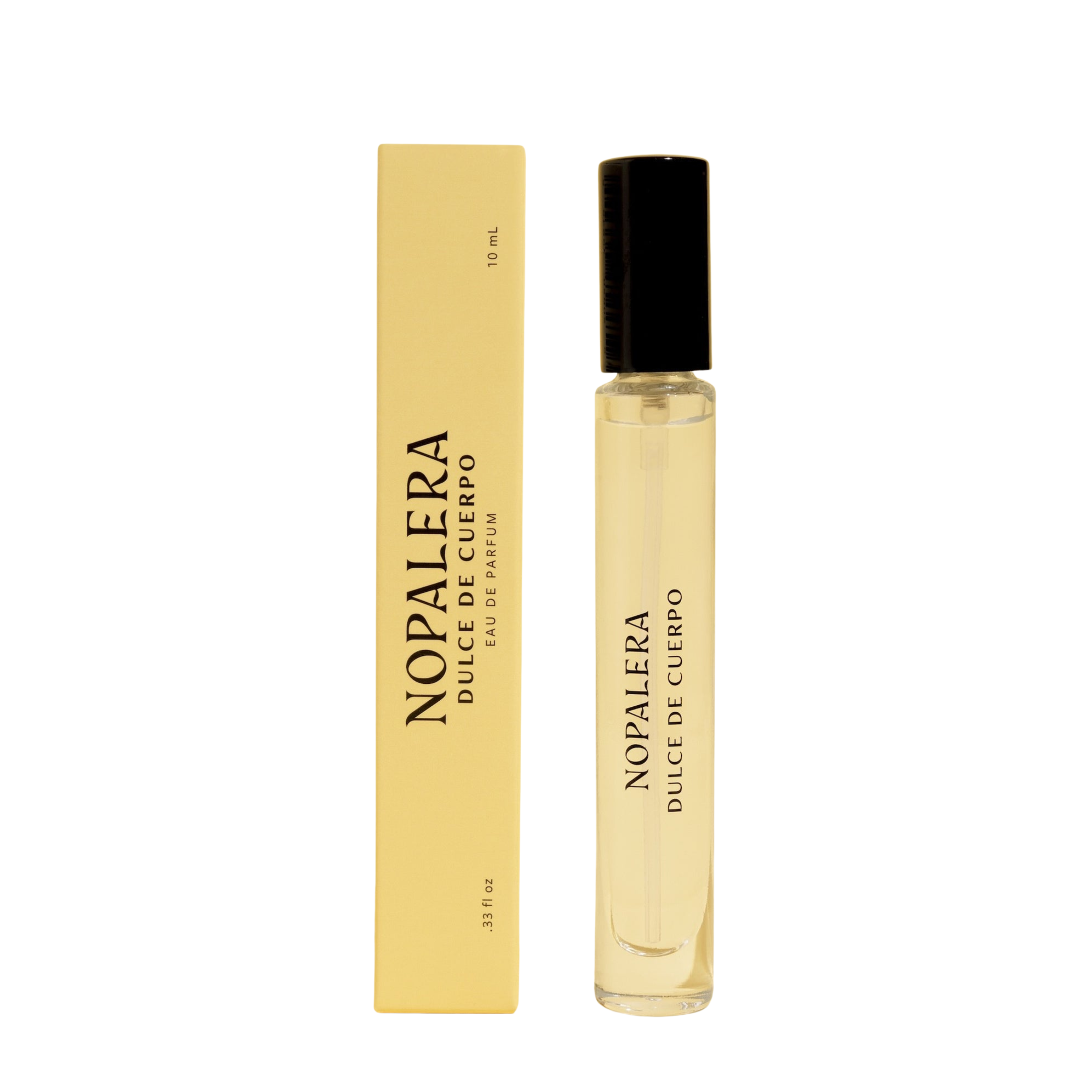 Nopalera Dulce de Cuerpo perfume rollerball bottle with a black cap next to its pale yellow packaging box, on a white background.