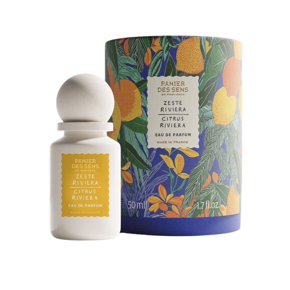 Citrus Riviera perfume bottle and packaging with floral design on a white background