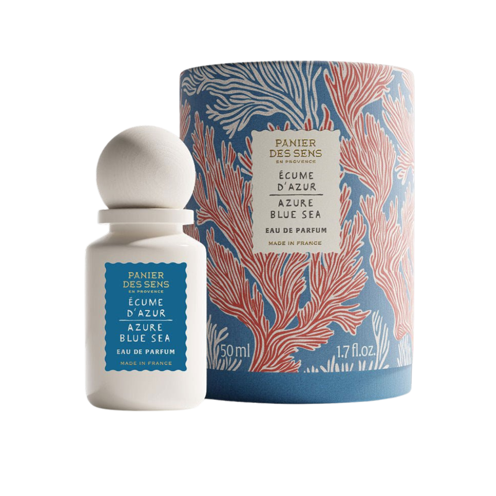 Azure Blue Sea perfume bottle and packaging with floral design on a white background