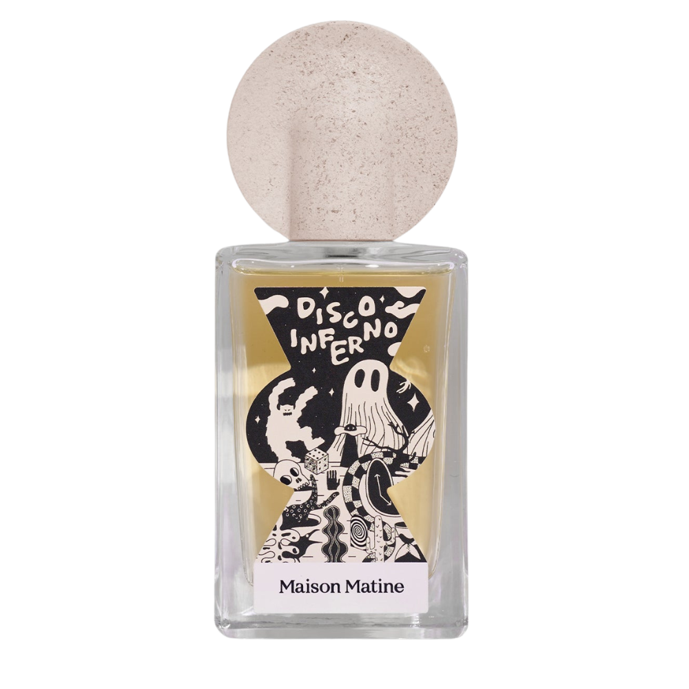 Perfume bottle with a unique label featuring artistic design and text on a white background