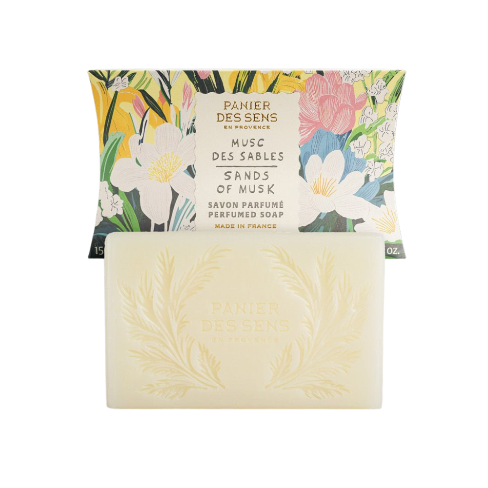 Panier Des Sens Sands of musk bar of soap with floral packaging on a white background