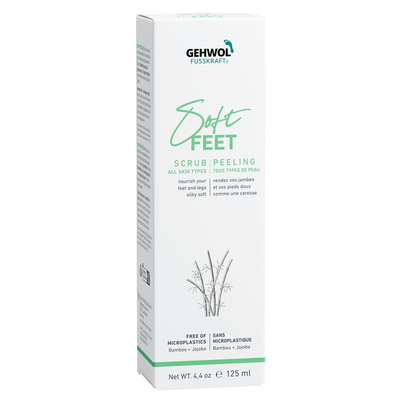 Packaging on Gehwol Fusskraft Soft Feet Scrub on a white background