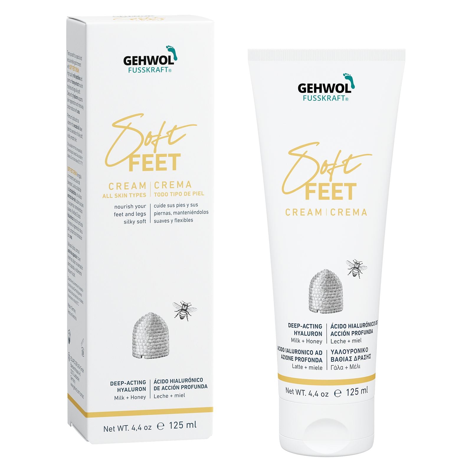 Soft Feet - Cream - 4.4oz next to its packaging