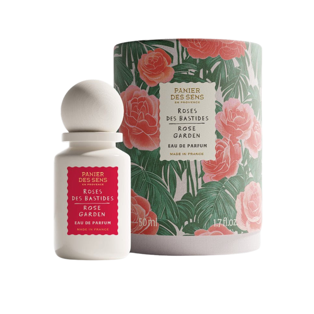 Rose Garden Perfume bottle and packaging with floral design on a white background
