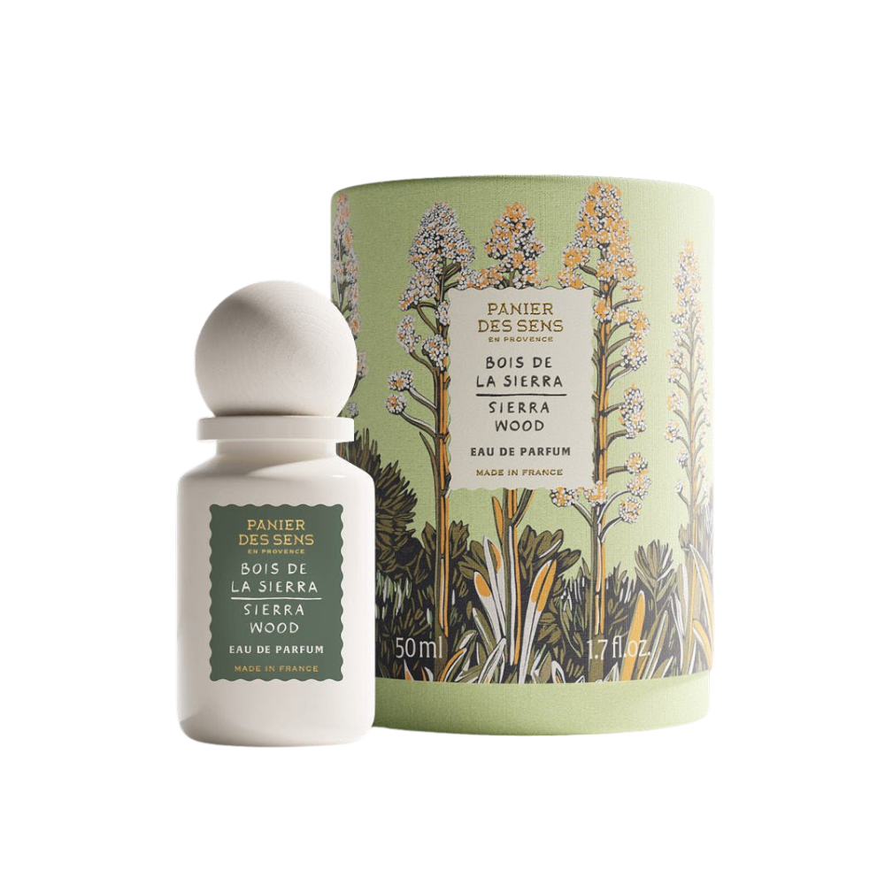 Panier des Sens perfume bottle and packaging with botanical design on a white background