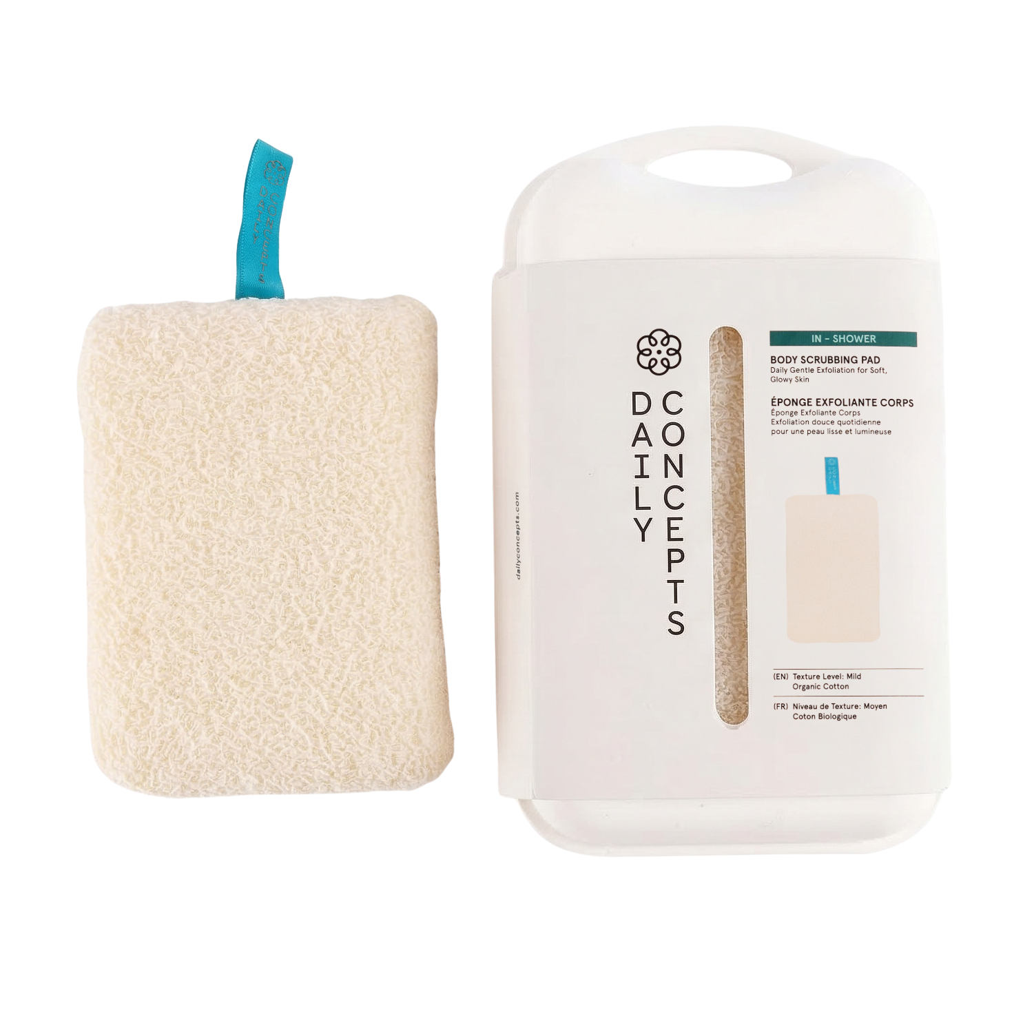 Daily Concepts Body Scrubbing Pad next to product packaging on white background.