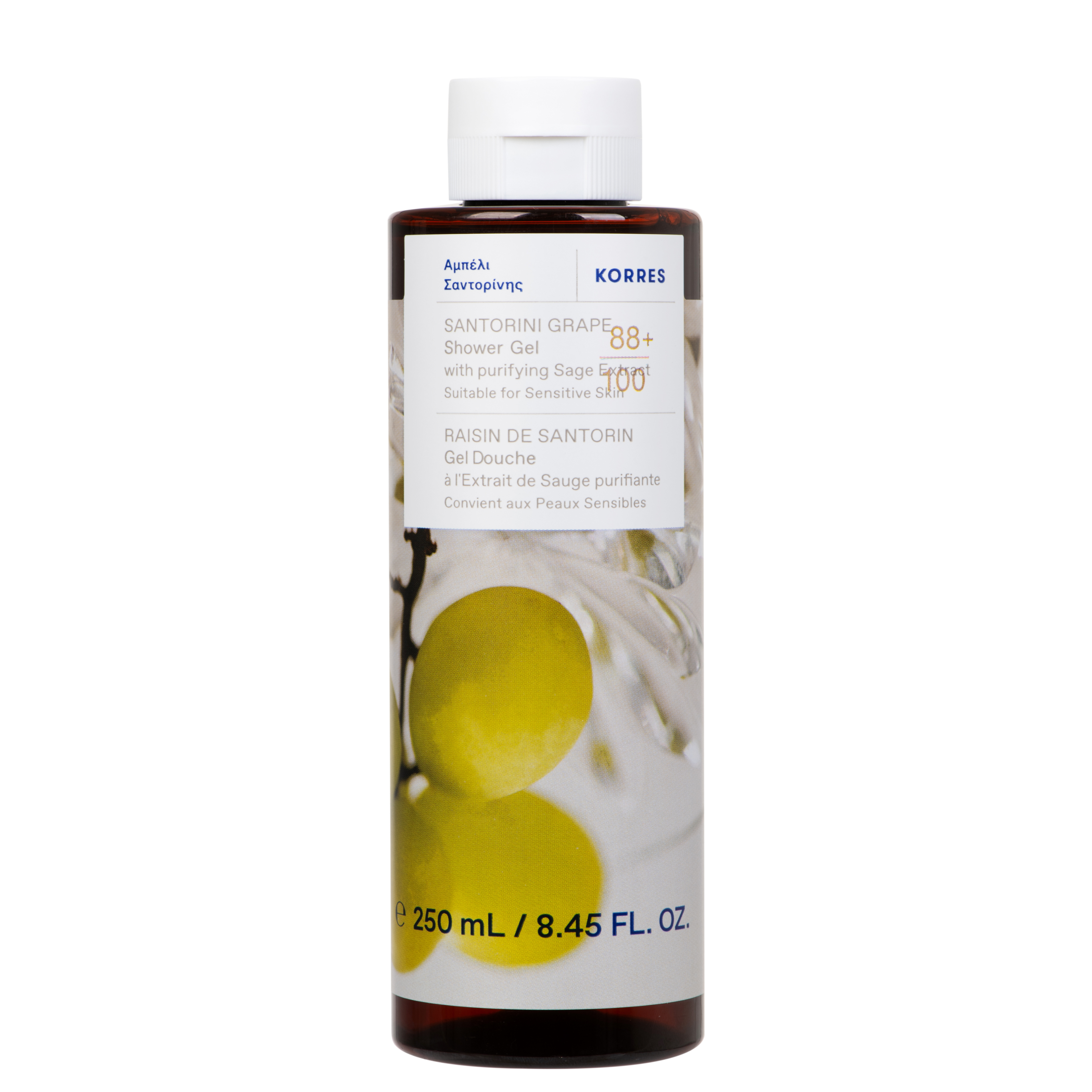 A bottle of KORRES Santorini Grape shower gel with purifying sage, featuring a white cap and a label with grape and olive imagery, on a plain white background.