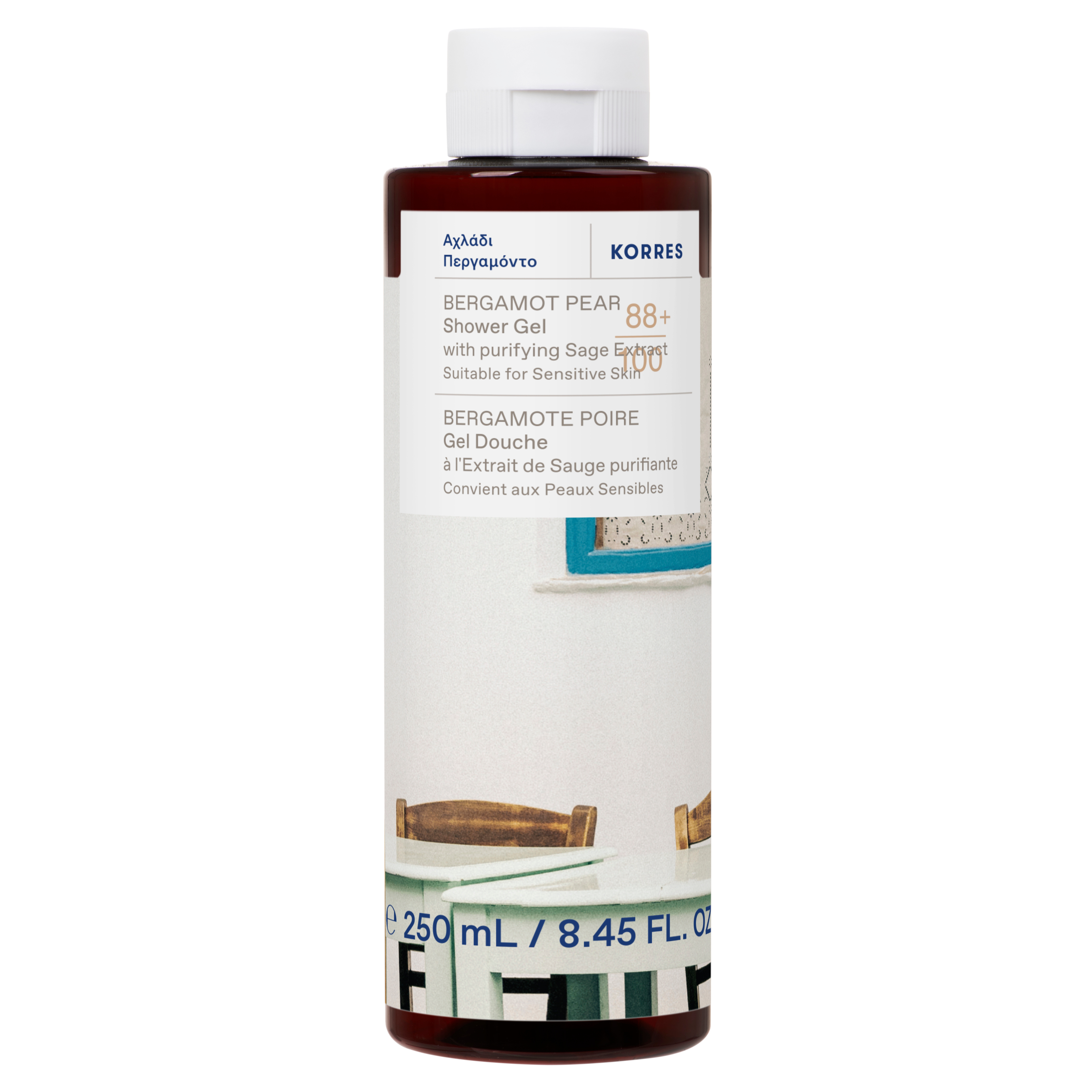 A bottle of KORRES Bergamot Pear Shower Gel, 250 mL, featuring a white cap and a white label with blue and orange text, set against a plain white background.