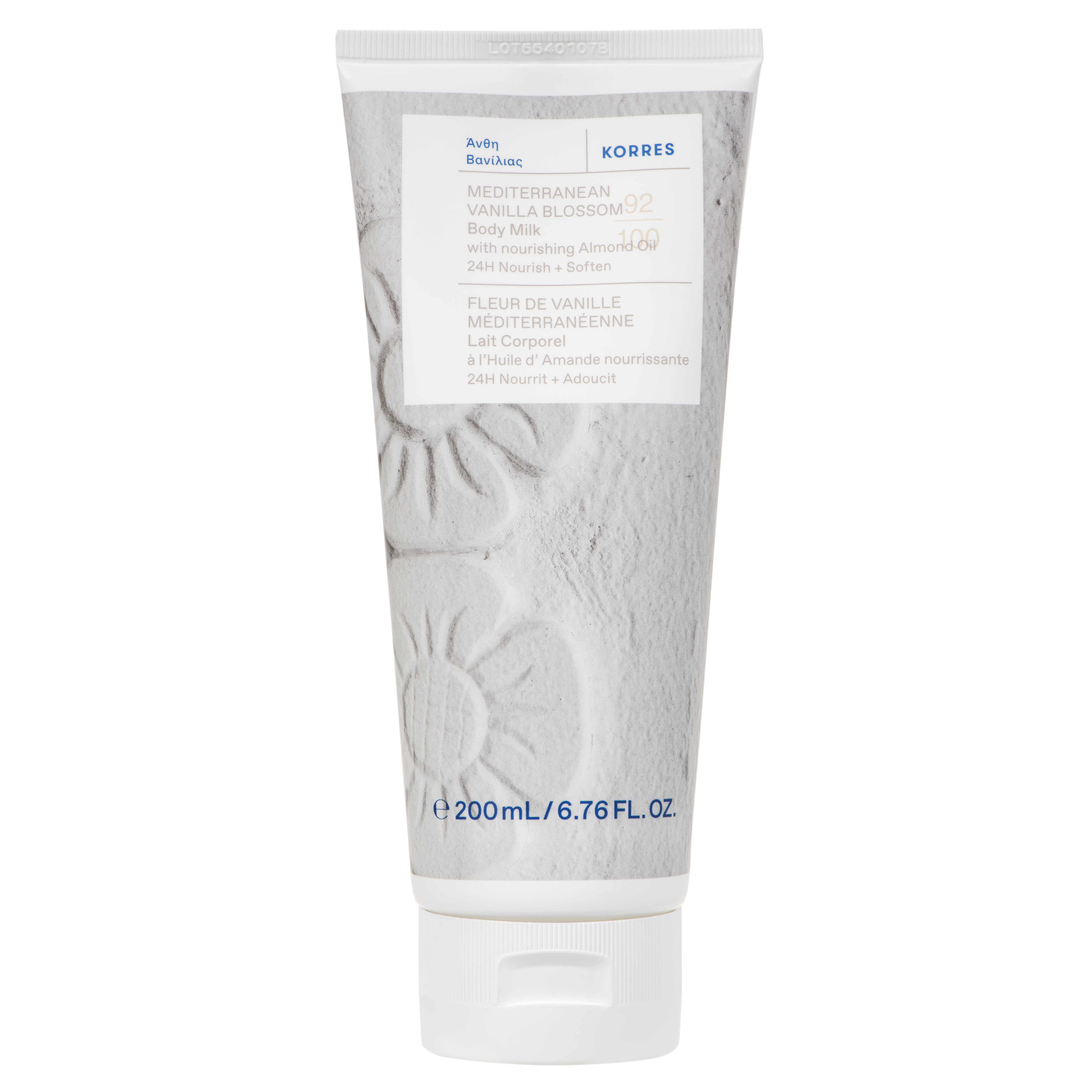 Korres Mediterranean Vanilla Blossom 52 Body Milk in a 200 mL squeeze tube, featuring a white and gray marble pattern with blue text on a white background.