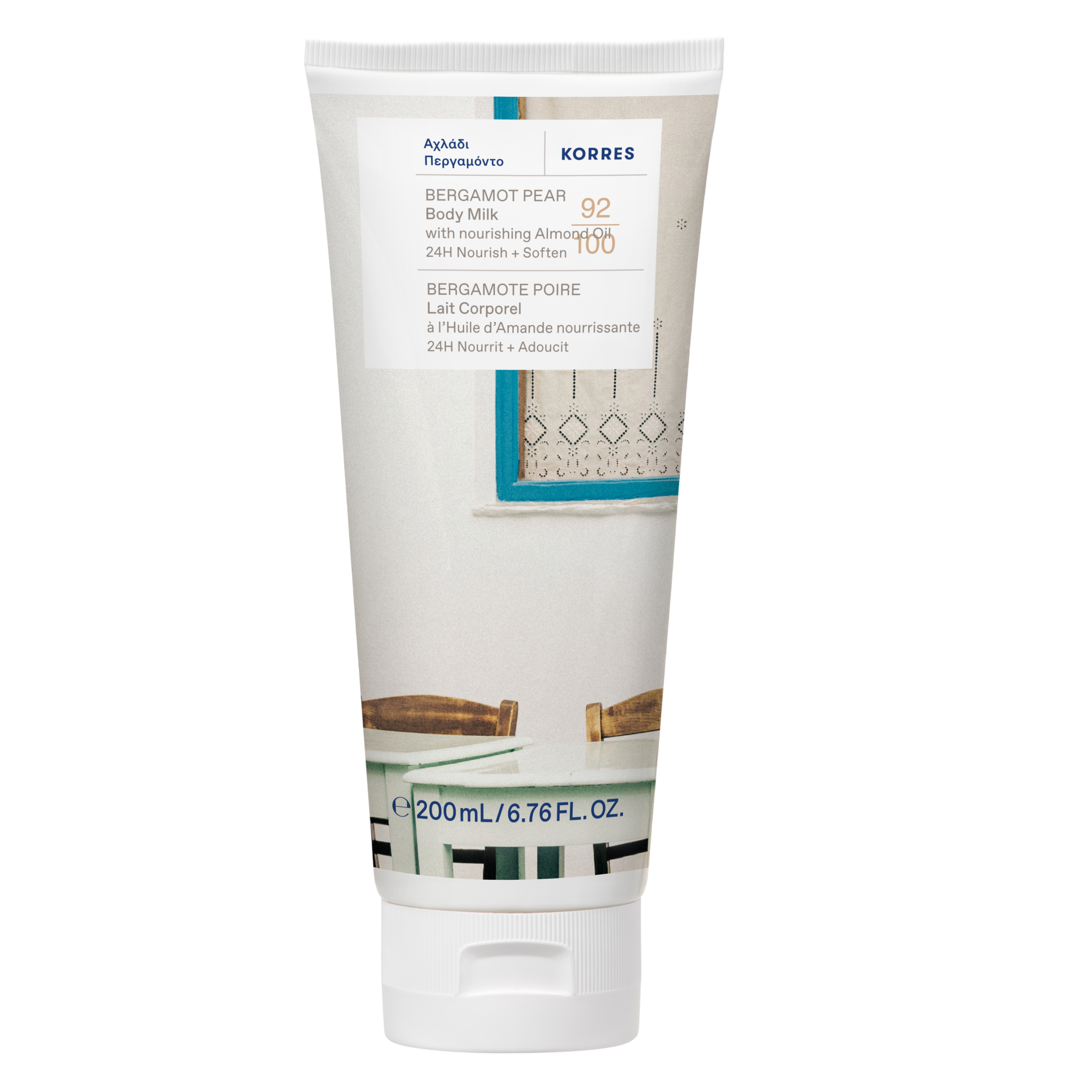 A squeeze tube of KORRES Bergamot Pear Body Milk lotion, 200 mL / 6.76 fl. oz., on a solid white background.