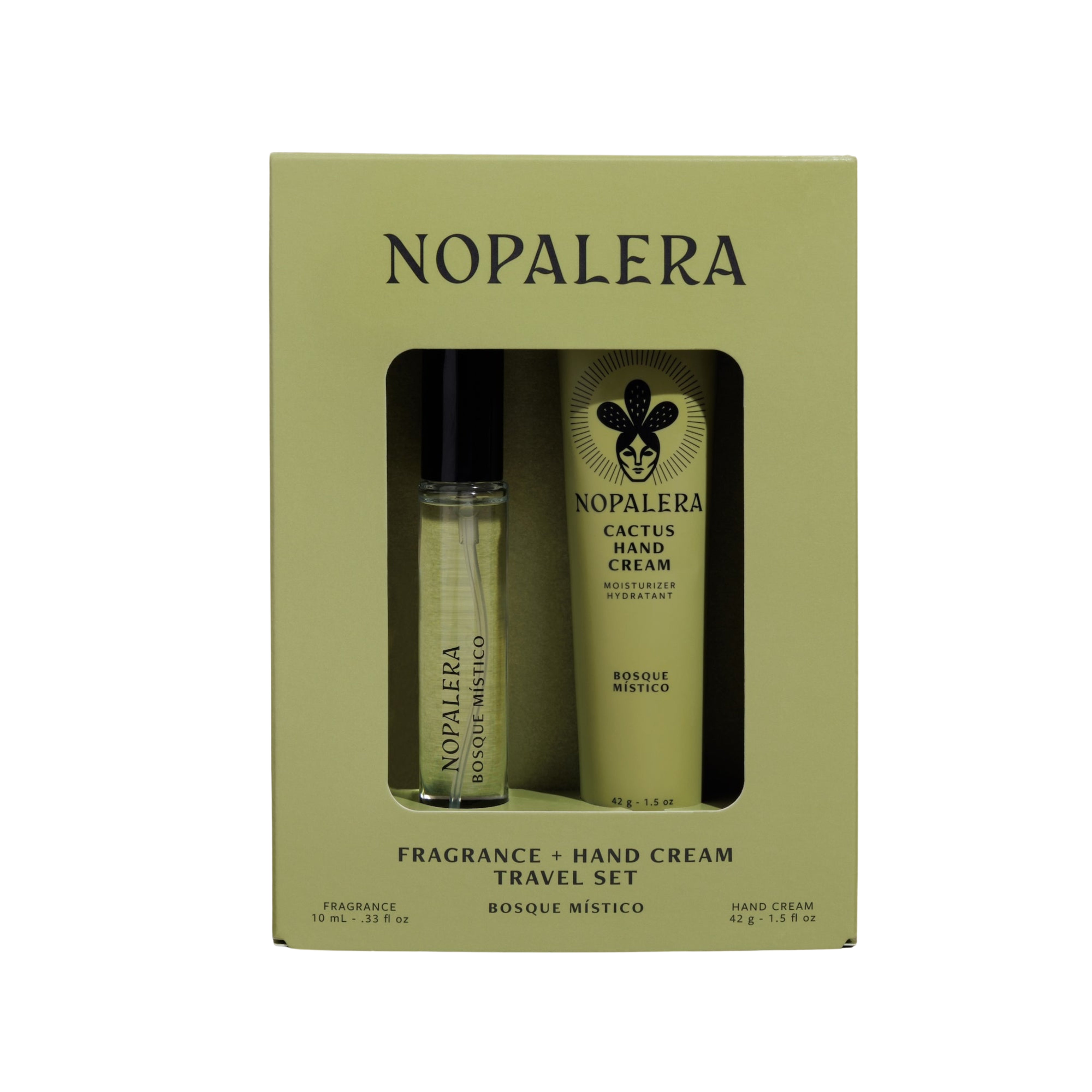 Nopalera Fragrance + Hand Cream Travel Set in a light olive green box, containing a small roll-on bottle and a larger hand cream tube.