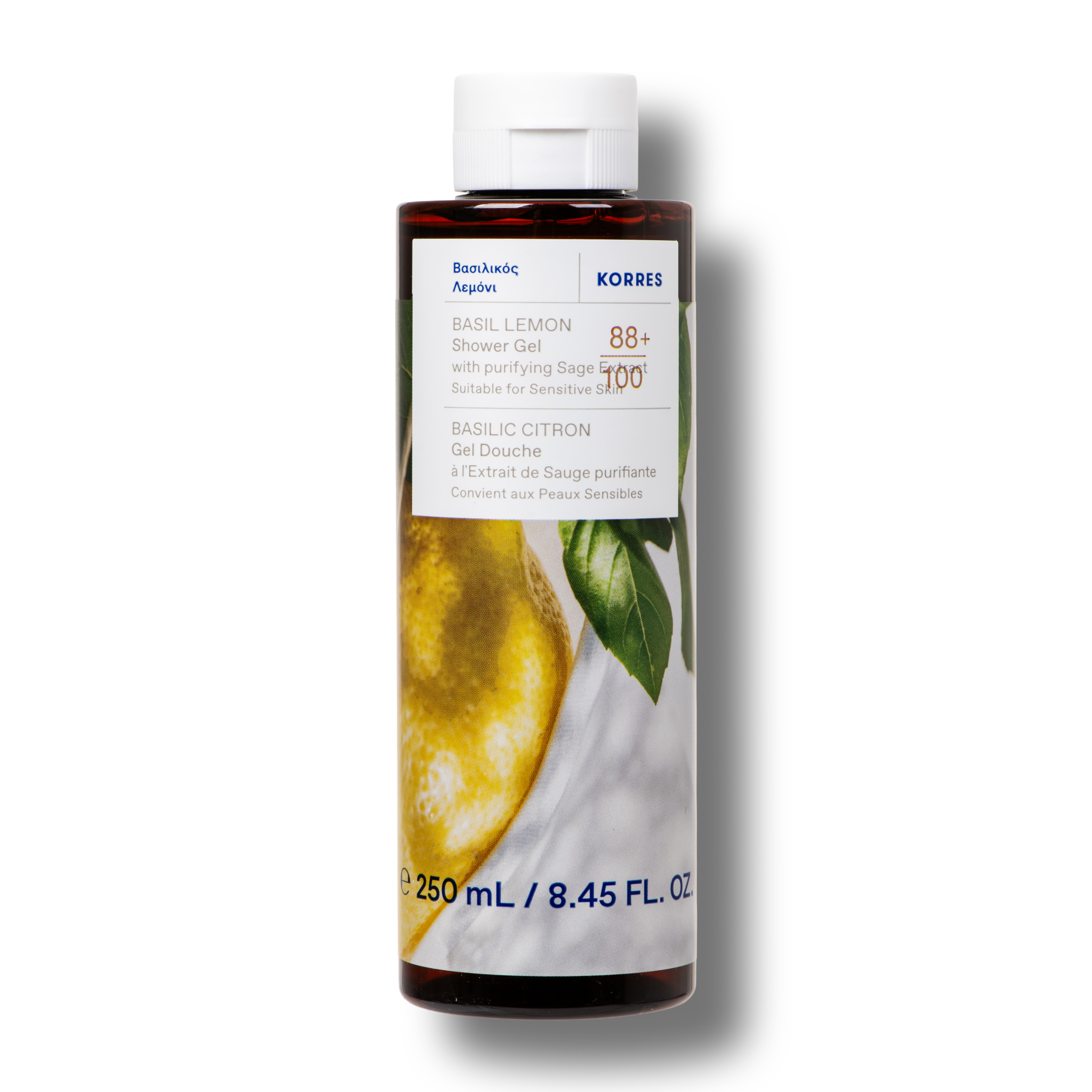 A bottle of KORRES Basil Lemon Shower Gel, 250 mL, featuring a white cap and a label with a lemon illustration, set against a plain white background.