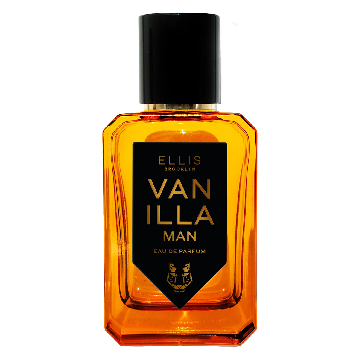Orange perfume bottle labeled 'Vanilla Man' by Ellis Brooklyn on a white background