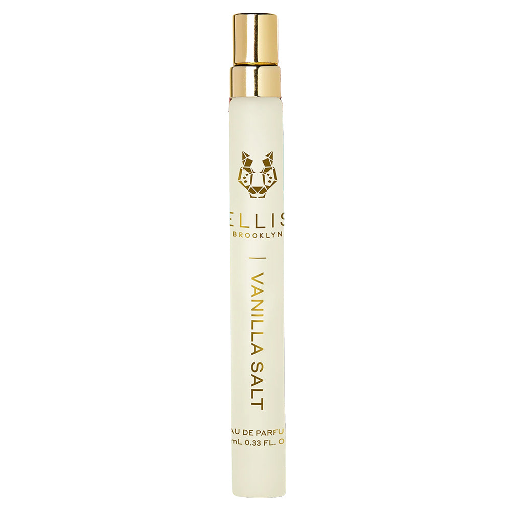 Perfume bottle with gold cap and 'Ellis Brooklyn Vanilla Salt' text on a white background
