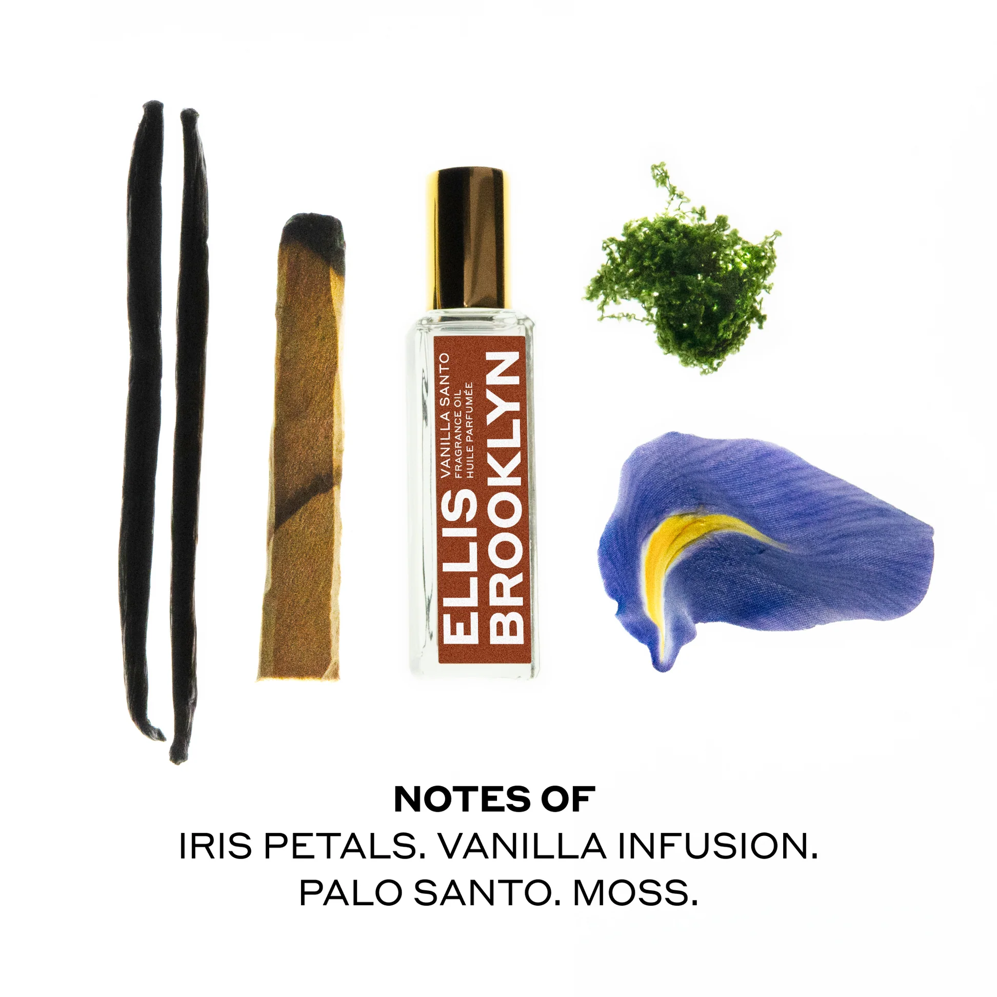 Ellis Brooklyn Vanilla Santo bottle accompanied by ingredients on white background