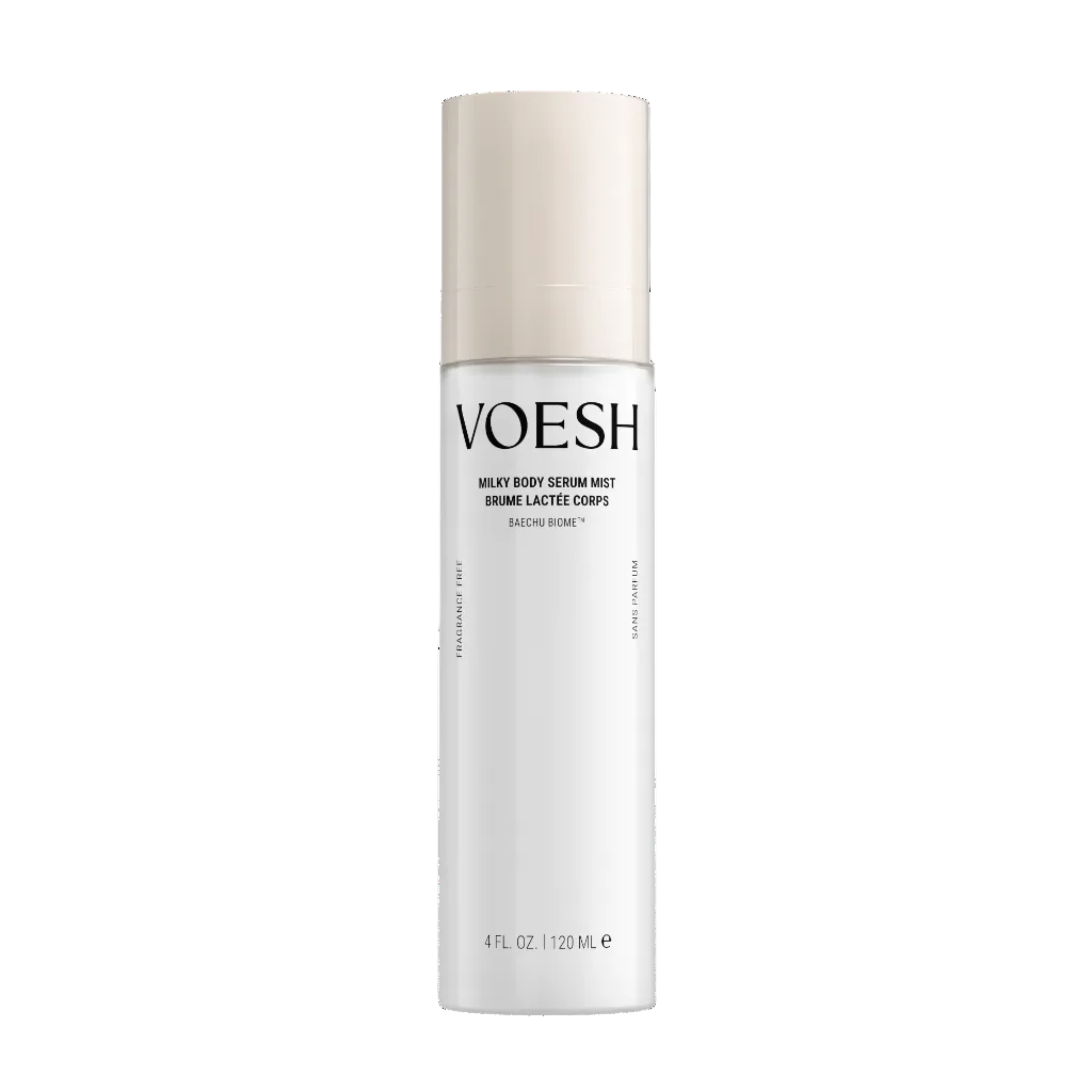 VOESH  Body  Moist spray bottle in white with a light beige cap, centered on a plain white background.