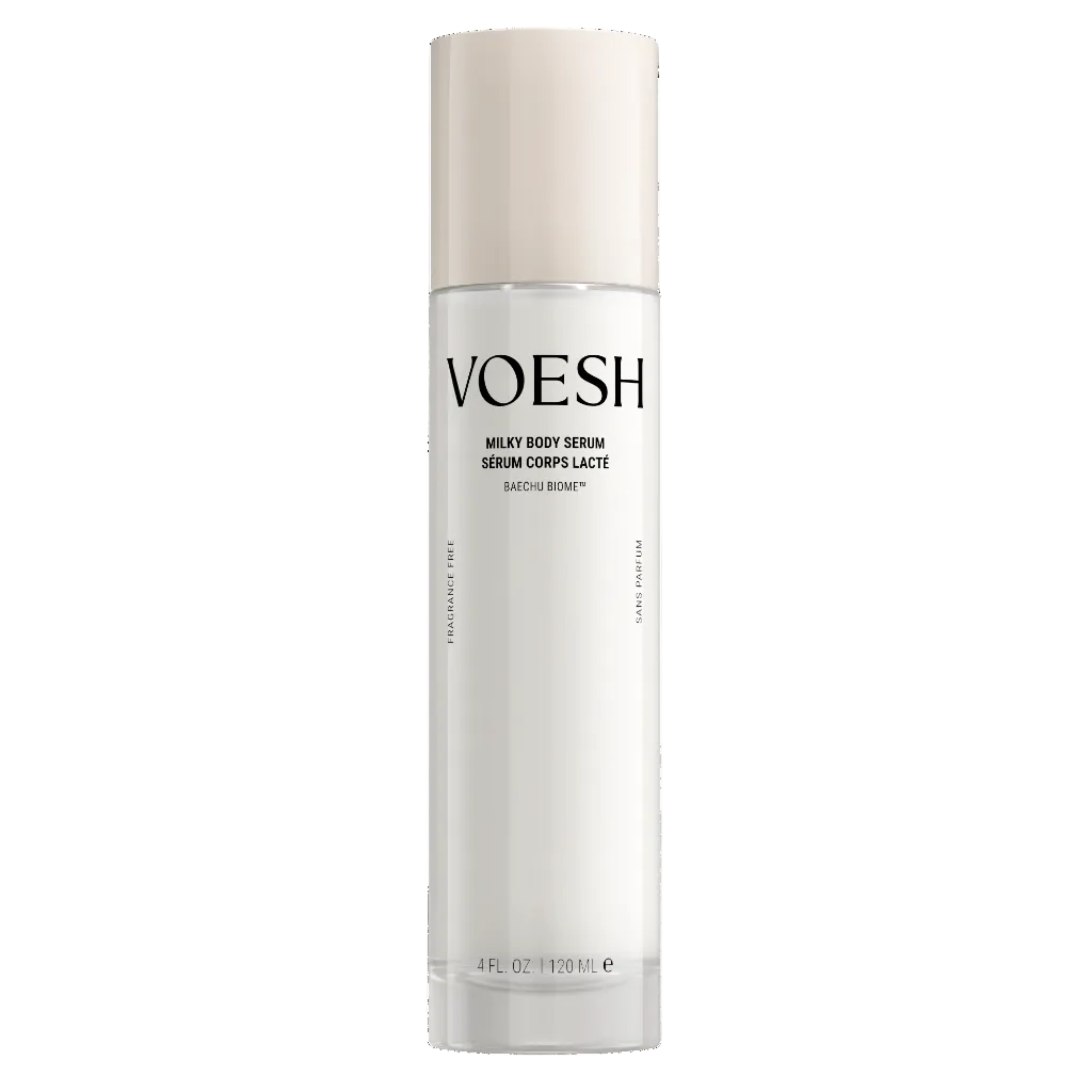 VOESH Milky Body Serum in a tall, cylindrical frosted glass bottle with a matte off-white cap, shown on a solid white background.