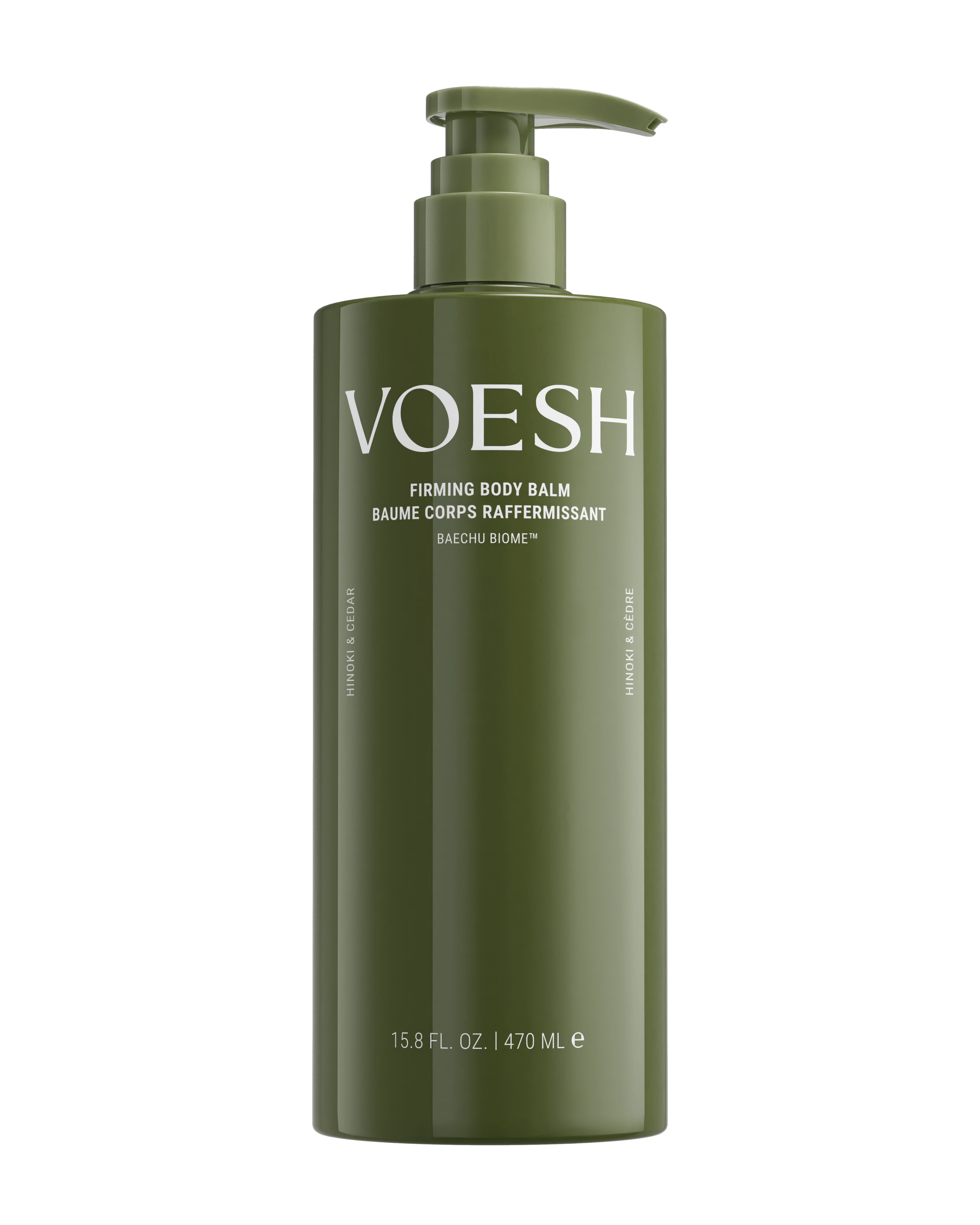 Green bottle of VOESH Firming Body Balm on a white background