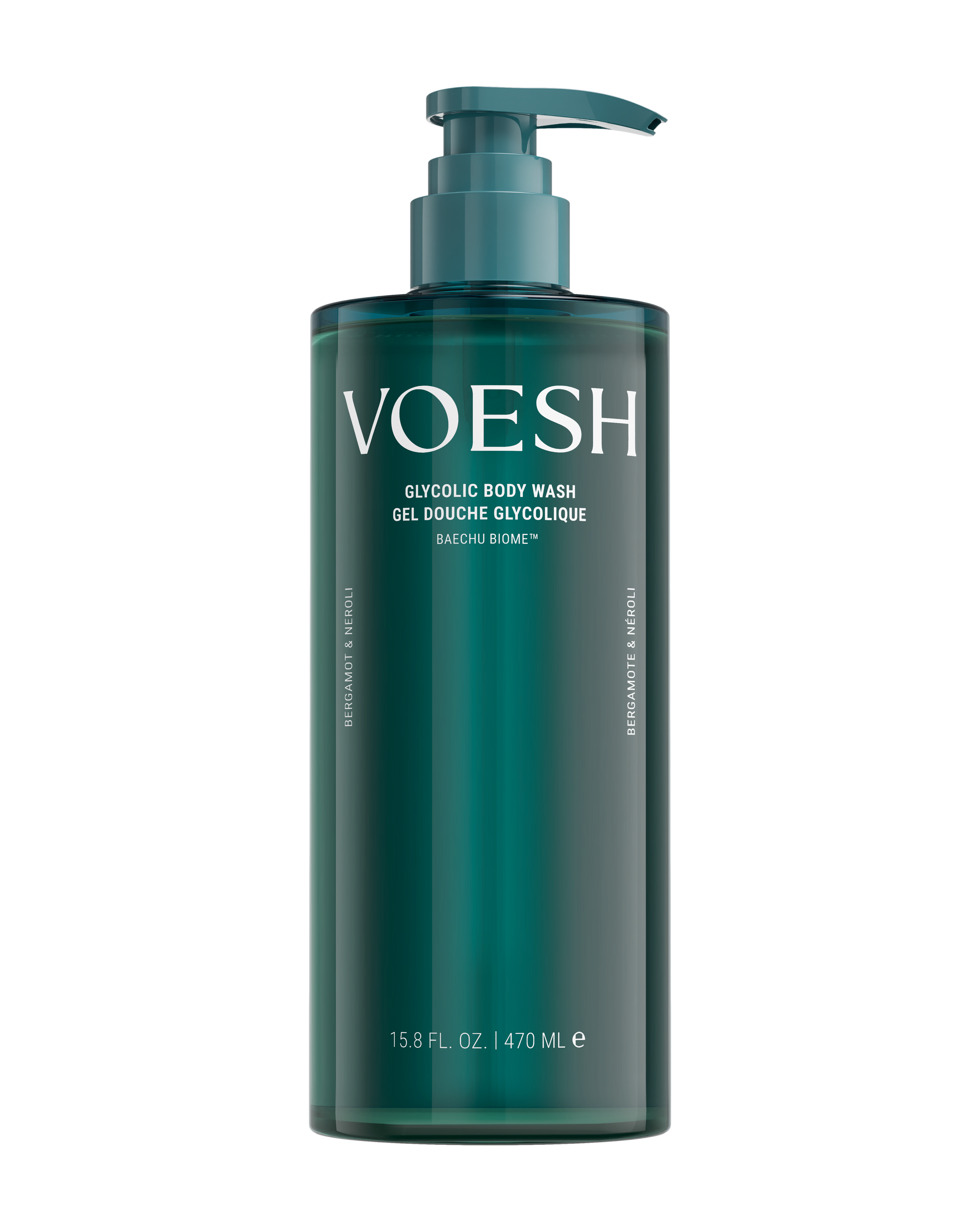 A tall dark teal bottle of VOESH Glycolic Body Wash with a matching pump dispenser, shown on a plain white background.