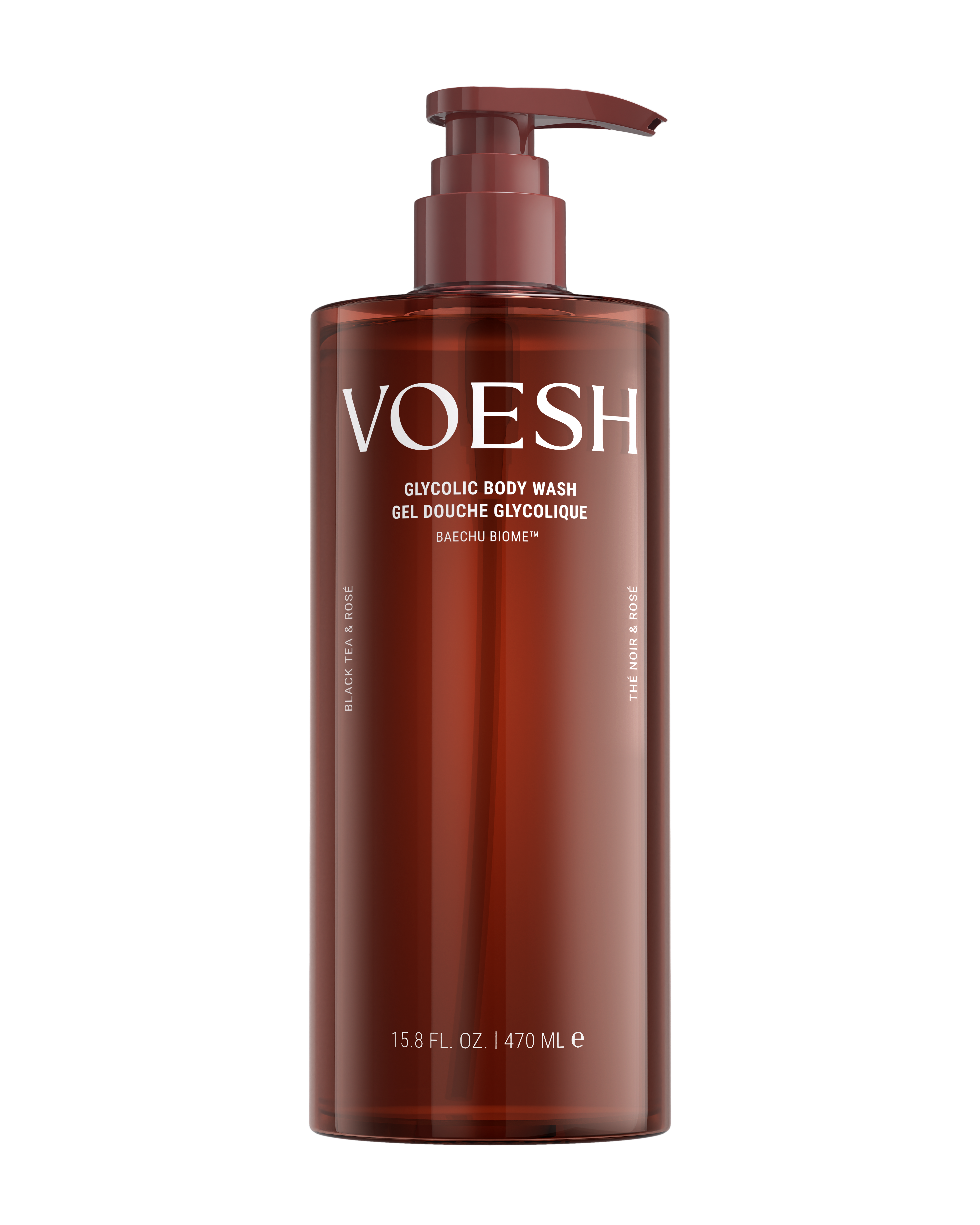 VOESH Glycolic Body Wash gel in a 15.8 fl. oz. amber-brown pump bottle with white text, shown on a solid white background.